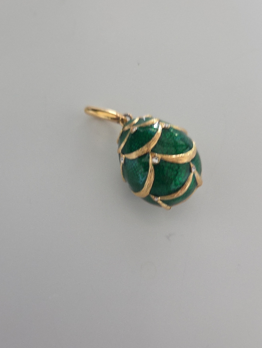 Vintage Fabergé Style Emerald Green Enamel Egg Charm Pendant Gold Tone